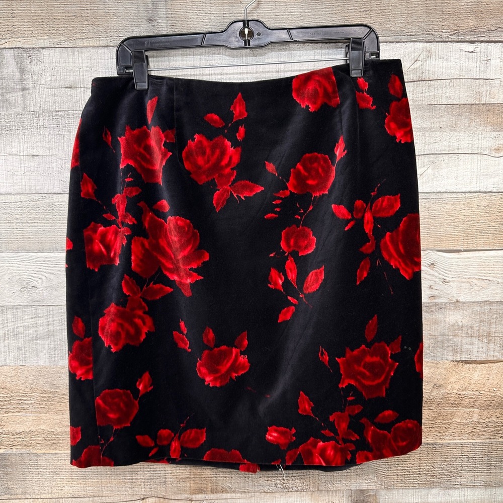 Talbots Womens 14WP Black Velvet Red Rose Floral Pencil Skirt Stretch Waist